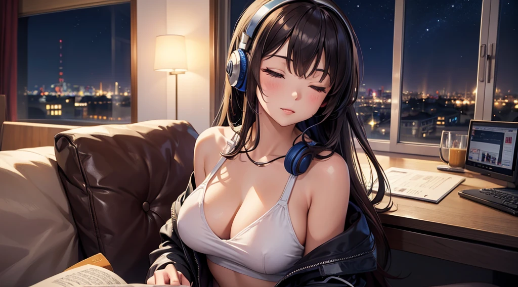 Girl with headphones enjoying music in a home　I am studying　Emphasize a little bit of the big chest　Looking towards me with eyes closed　Night Background