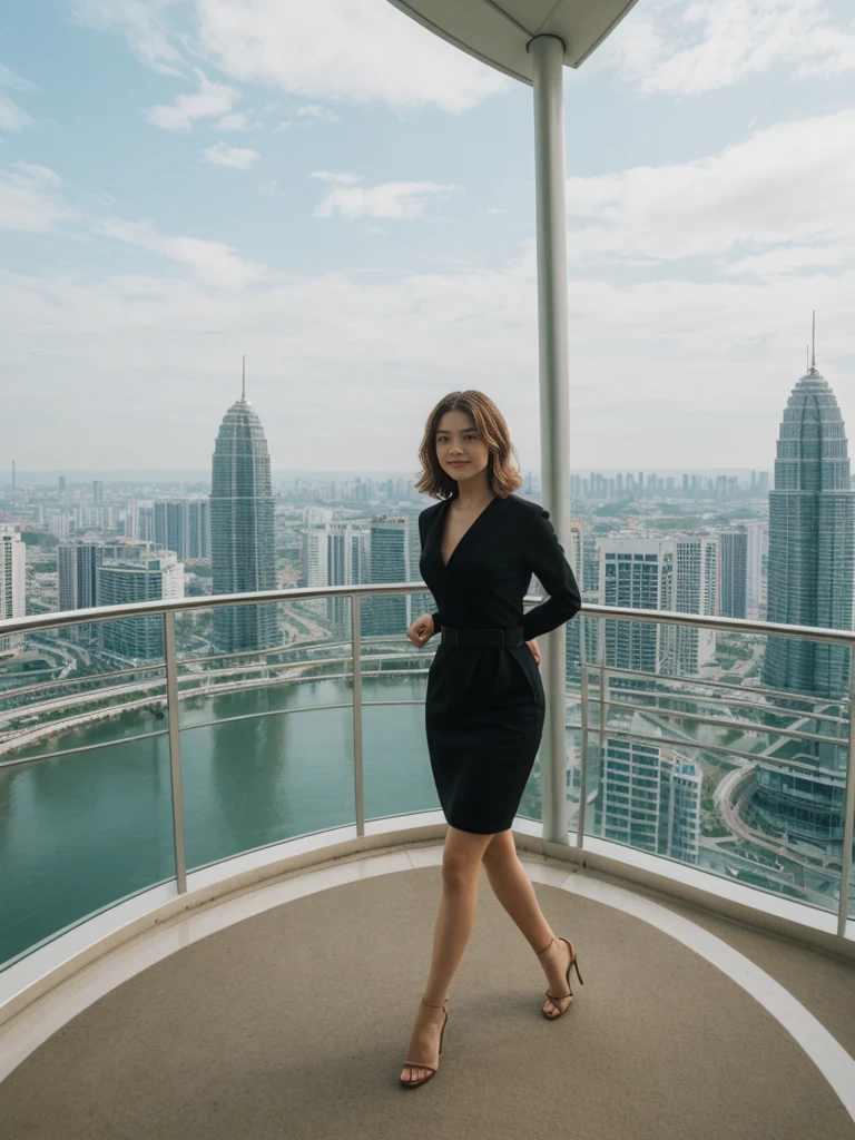 her name is Asako, high quality, 1girl, ((20-year-old fit Caucasian woman)), ((20 years old)), ((slim)), ((Wavy Bob)), pose: standing, wearing stylish fashionable Generation-Z modern wear colored, BACKGROUND:Inside the Petronas Towers, with their sleek modern design, skybridge connecting the towers, and panoramic city views from the observation deck.