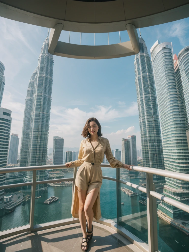her name is Asako, high quality, 1girl, ((20-year-old fit Caucasian woman)), ((20 years old)), ((slim)), ((Wavy Bob)), pose: standing, wearing stylish fashionable Generation-Z modern wear colored, BACKGROUND:Inside the Petronas Towers, with their sleek modern design, skybridge connecting the towers, and panoramic city views from the observation deck.