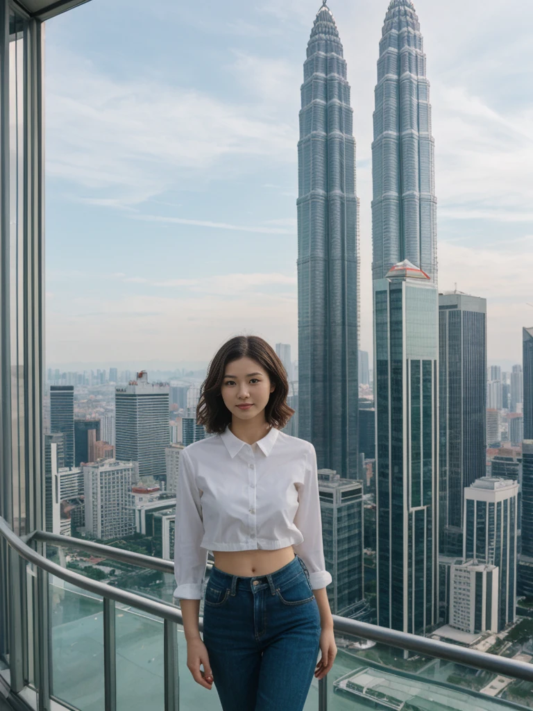 her name is Asako, high quality, 1girl, ((20-year-old fit Caucasian woman)), ((20 years old)), ((slim)), ((Wavy Bob)), pose: standing, wearing stylish fashionable Generation-Z modern wear colored, BACKGROUND:Inside the Petronas Towers, with their sleek modern design, skybridge connecting the towers, and panoramic city views from the observation deck.