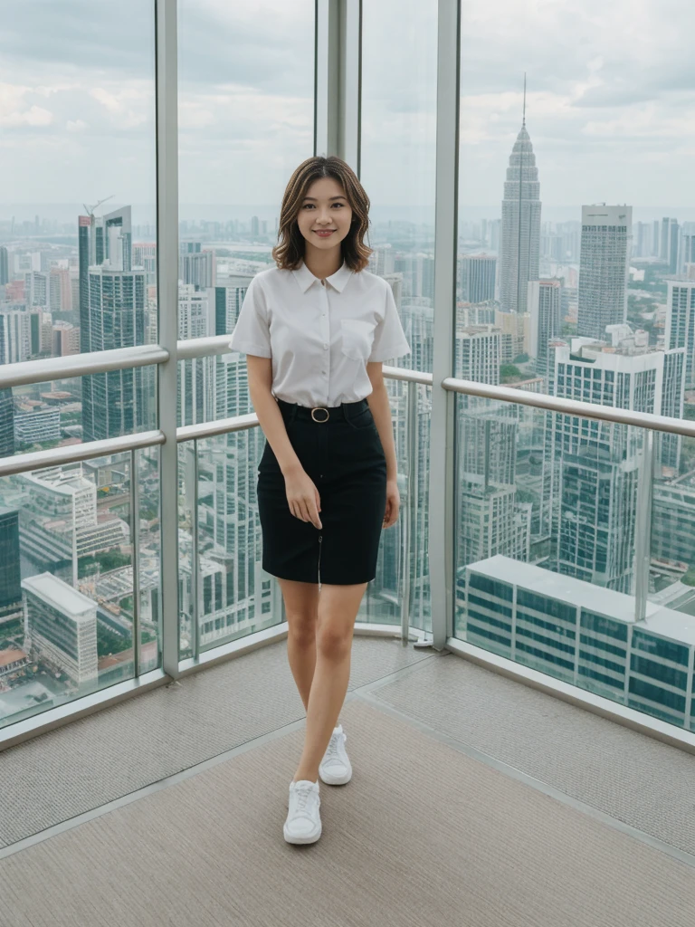 her name is Asako, high quality, 1girl, ((20-year-old fit Caucasian woman)), ((20 years old)), ((slim)), ((Wavy Bob)), pose: standing, wearing stylish fashionable Generation-Z modern wear colored, BACKGROUND:Inside the Petronas Towers, with their sleek modern design, skybridge connecting the towers, and panoramic city views from the observation deck.