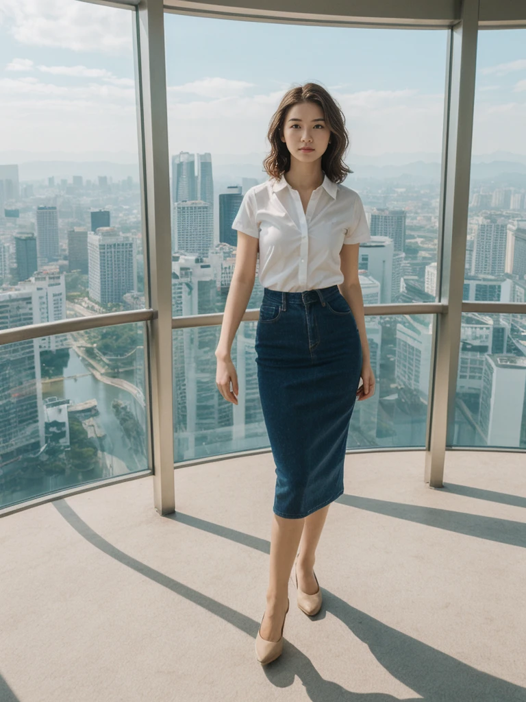 her name is Asako, high quality, 1girl, ((20-year-old fit Caucasian woman)), ((20 years old)), ((slim)), ((Wavy Bob)), pose: standing, wearing stylish fashionable Generation-Z modern wear colored, BACKGROUND:Inside the Petronas Towers, with their sleek modern design, skybridge connecting the towers, and panoramic city views from the observation deck.