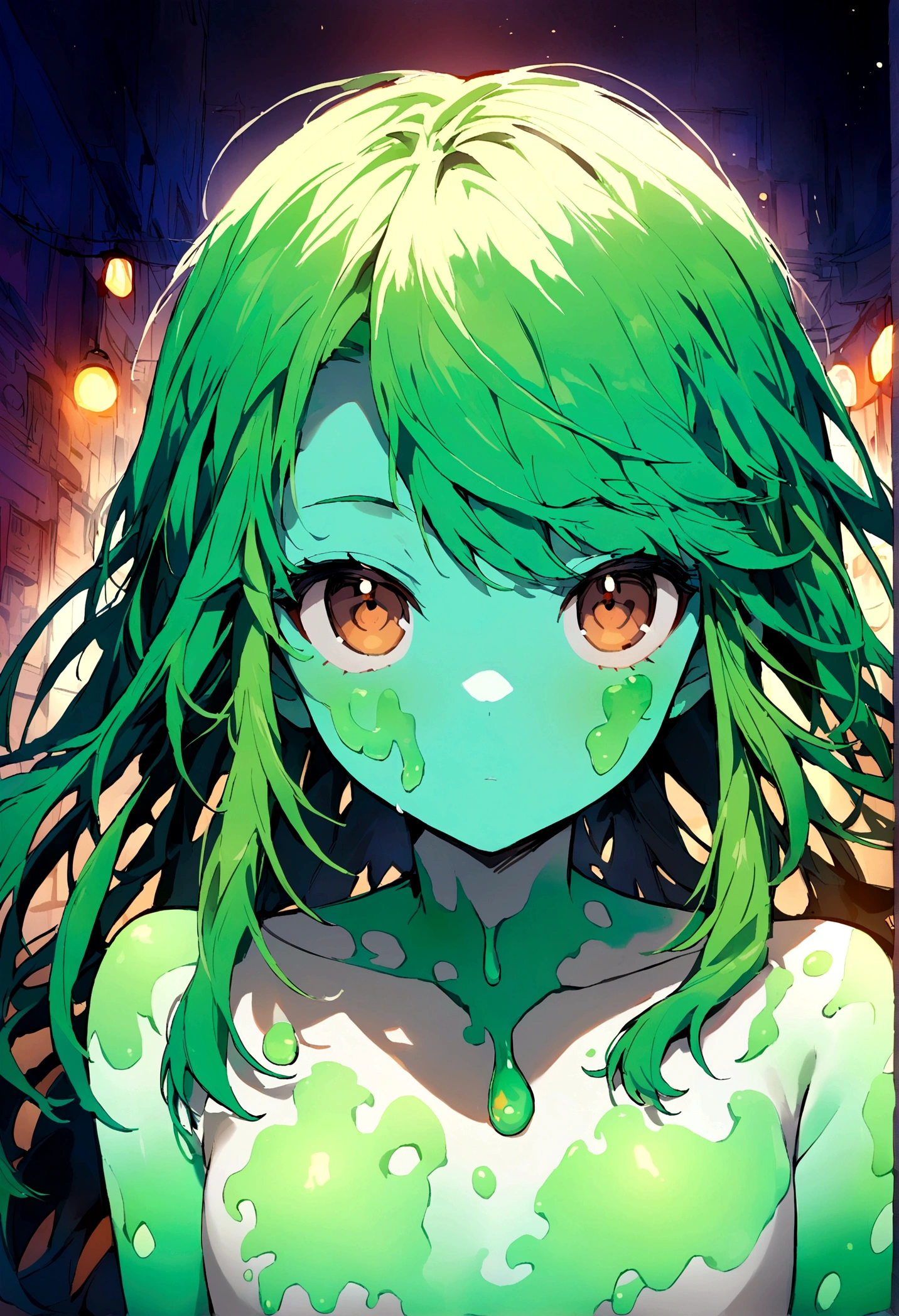 A 17 year old ager with a green jelly skin, brown eyes and a blue, green hair