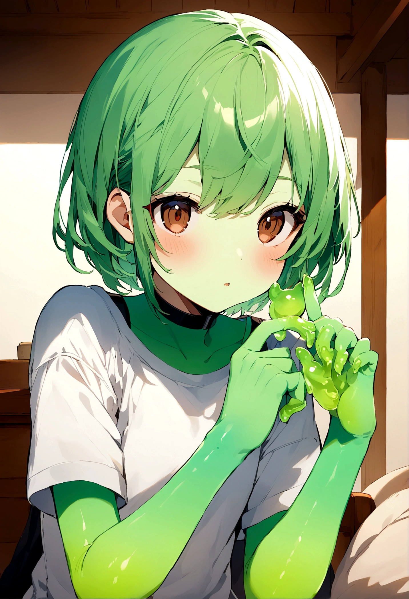 A teenager wien jelly skin, brown eyes and a blue, green hair