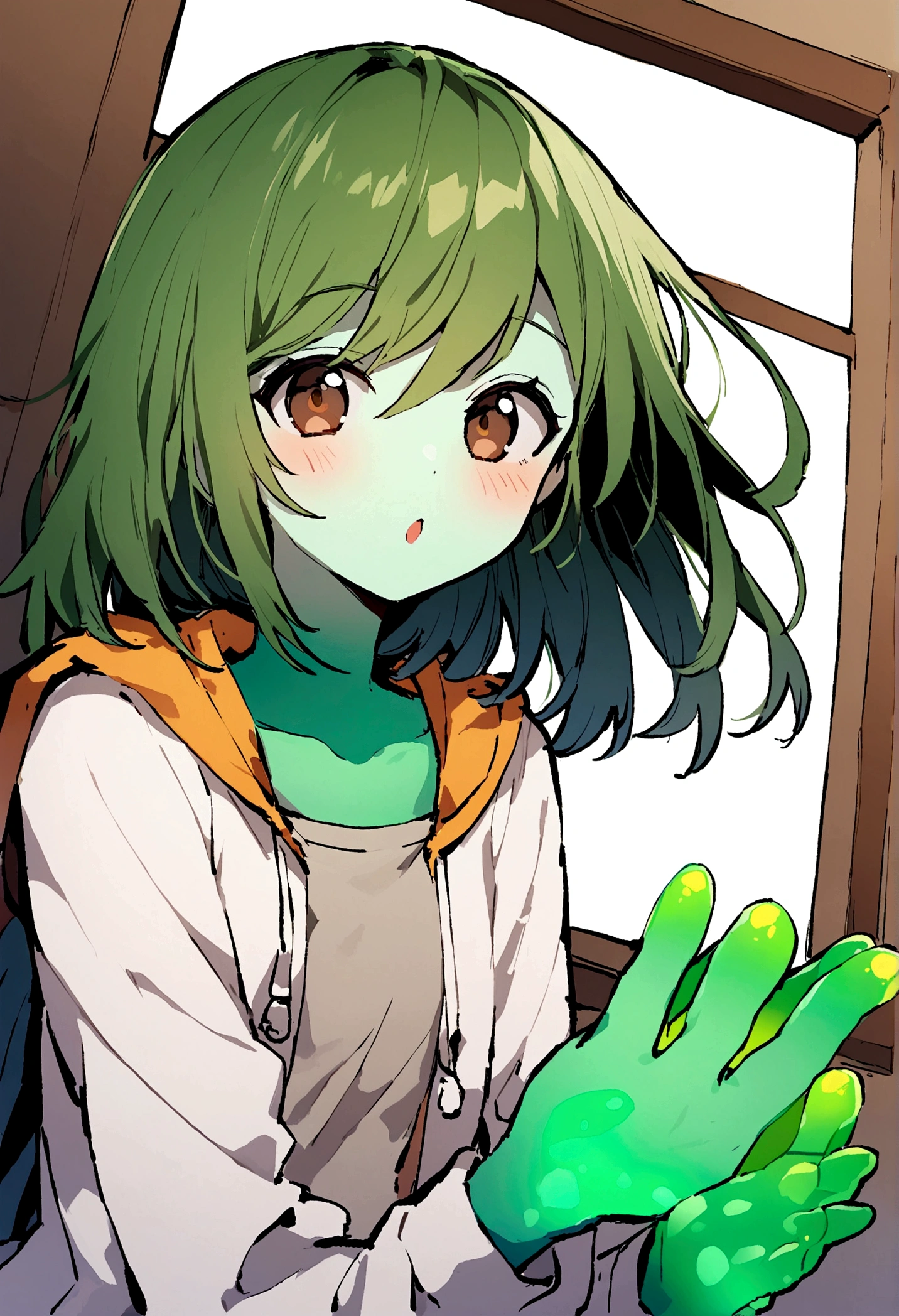 A 17 year old teenager with a green jelly skin, brown eyes and a blue, green hair