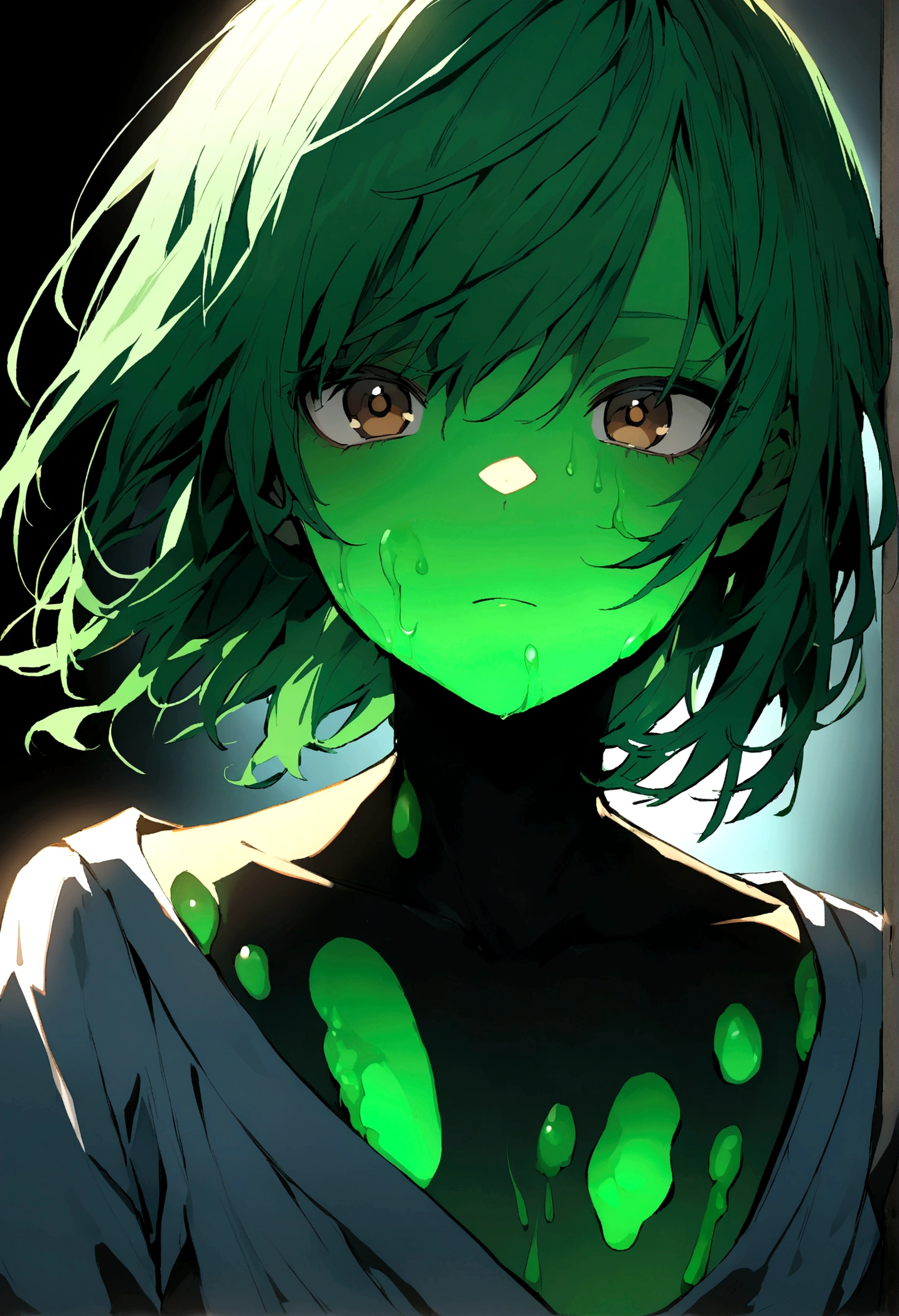 A 17 year old teenager with a green jelly skin, brown eyes and a blue, green hair