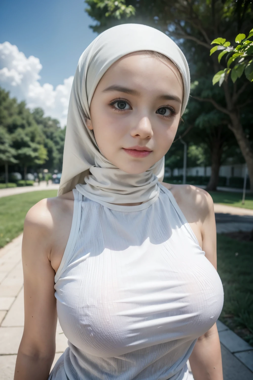 Singlet, adorable, 1 girl, 10 years old, baby face, shy, medium portrait, (face details: 1), (eye details: 1), ((big breasts)). wearing white long shirt, very tigh miniskirt, modern hijab colorful... Cute pose, park, gardem background... proportional body. Ultra High res. realistic: 1.4, UHD