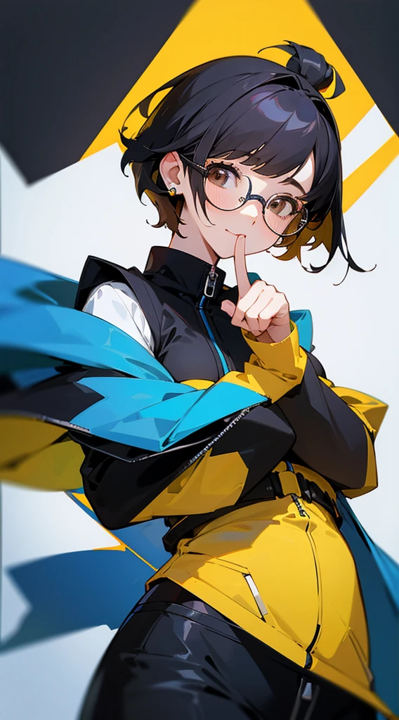 Top Quality, 8K, 4K, High Definition, Detail, (better-quality, 8K, 12), top-quality, 1 girl、only showing her face, she has Black hair, wearing a yellow pin on her right side of her hair, she has her hands together, she looking at you, she is smiling at you, medium breast, her jacket color dark blue and light blue with a black zipper, brown eyes, showing her face and chesat, short hair long as her neck, (only showing half of her body) her jacket is loose. she is wearing earing only right ear shaped has a heart, she has her hand up making a pose, get closer to see up close of her face, she making a pose, she making pose her finger, she is wearing glasses, Japanese face,
(no yellow)