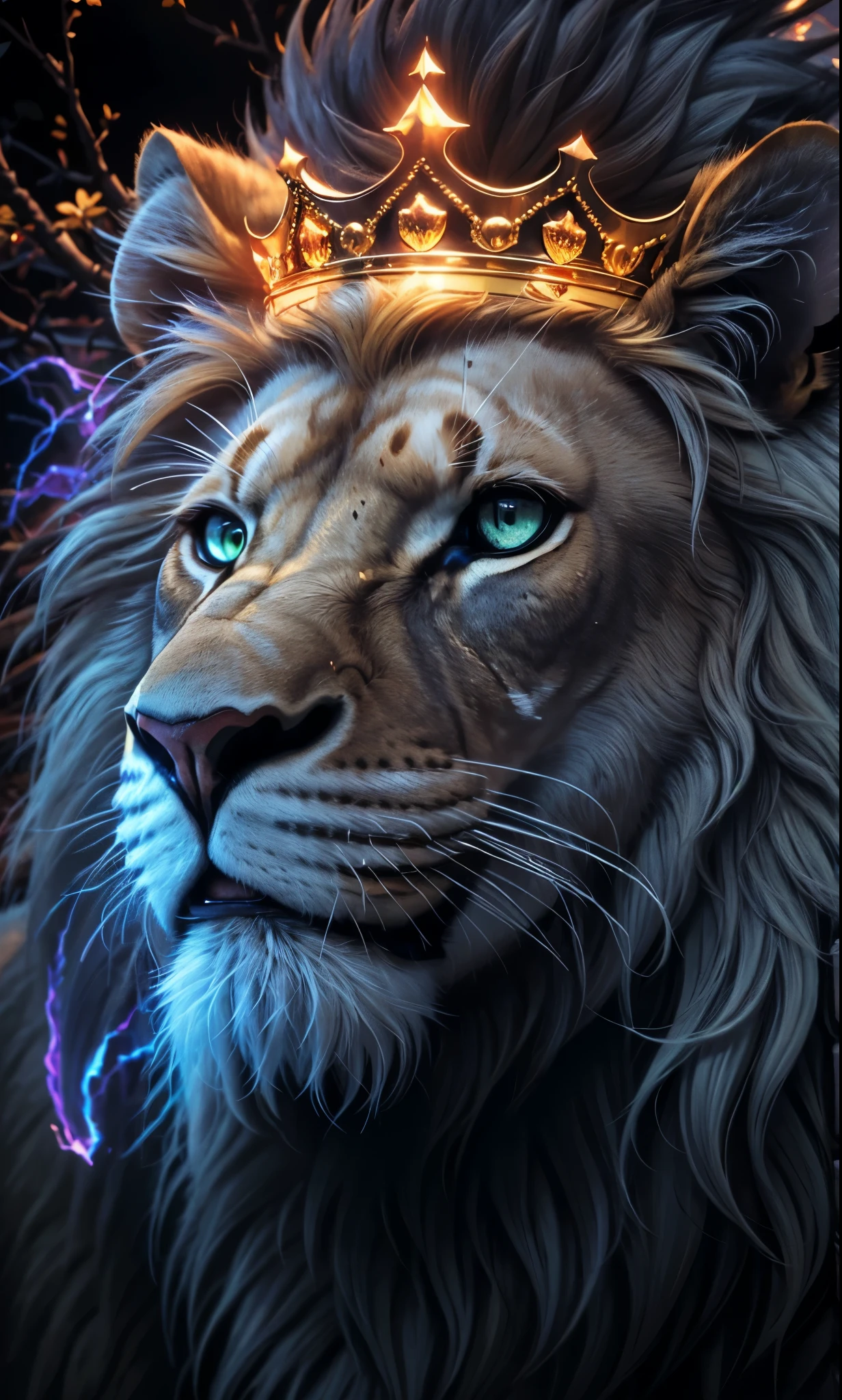 Lion, Divine Lion, naturals, naturals, ferocious, masculine, mighty, golden lion, King crown, King, golden crown, Realistic crown, Powerful Lion, Beautiful nature, Great Realistic Lion, FullHD 8K, Sky ligh, Sunset Night, Ligh Sky Sun, Balck Golden, black andwhite, black and gold, detailed realistic face, 8K Detailed Realistic White Lion, Ultrarealistic 8k |, Energia de thunder realista detalhada, Strong Creature realista detalhada, Strong Creature, Lion macho, Rendering, Fotorrealista 8K, UltraHD Alta definição 8K, Detailed Realistic 16K, Nitidez Fotorrealista 8K, 16K photorealistic textures, Contraste Fotorrealista 8K, Sombras Fotorrealistas 8K, Luzes Fotorrealistas 8K, Detailed realistic sunset, Detailed Realistic Lion Face, Detailed realistic light, detailed textures, thunder, detailed shadows, detailed colors, Celestial Electricity, Golden thunder, Lion realista, Ultra Realistic 16K, Realistic 16K, Realistic 16K sharpness, 16K photorealistic textures, 16K realistic colors, powerful creature, Majestic power, Power of Heaven, Great Divine, detailed contrast, realistic contrast, high resolution, detailed colors, fire, villany, divine creature, 8K, realistic detailed, 16K, 8K, High definition, detailed contrast, realistic contrast, high resolution, detailed colors, fire, villany, divine creature, realistic detailed, posh, chic