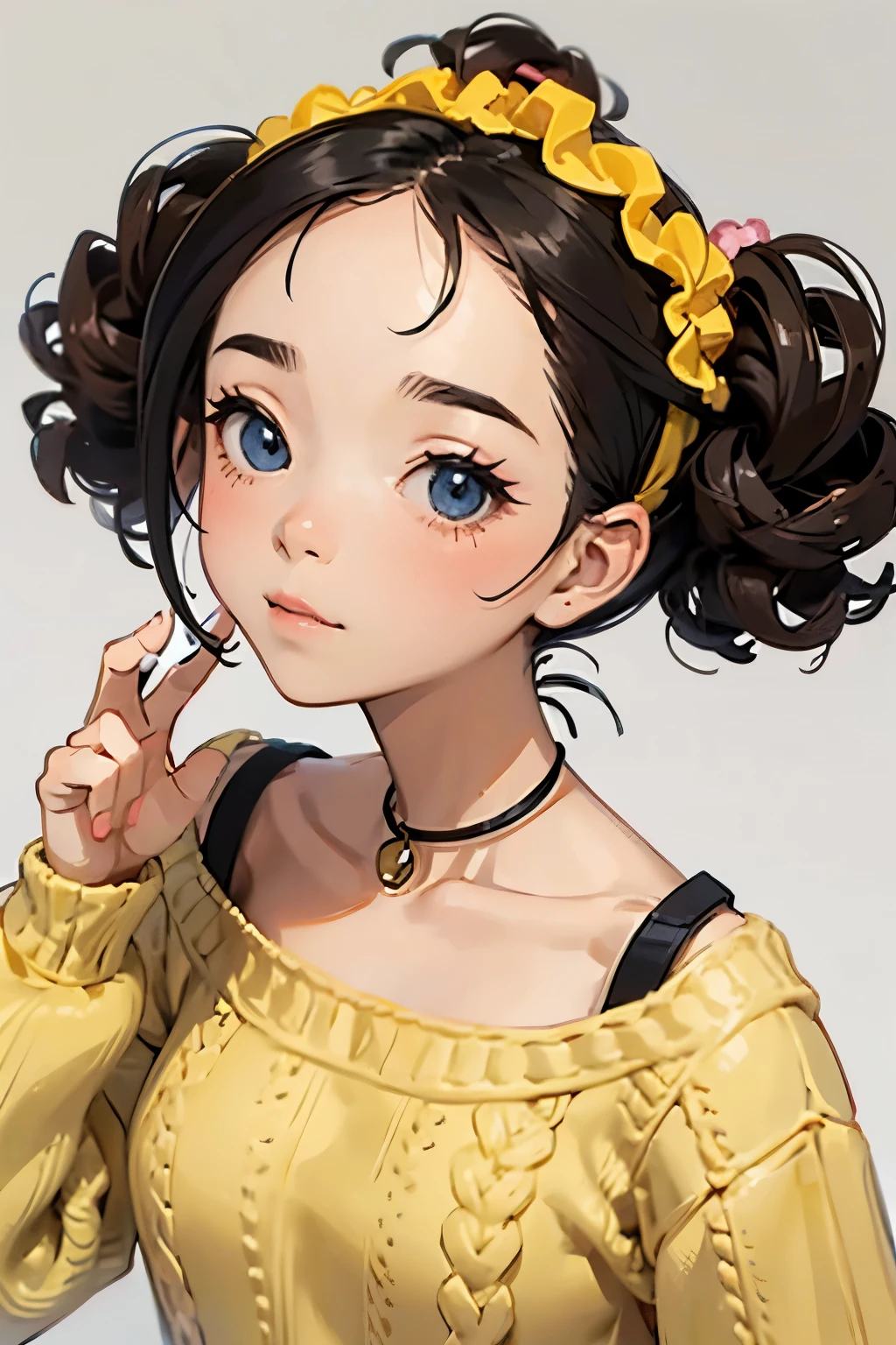 Shoulder sweater, Curly shorthair, hair scrunchie, Twin-tailed, kawaii pose、A face and pose that expresses deliciousness