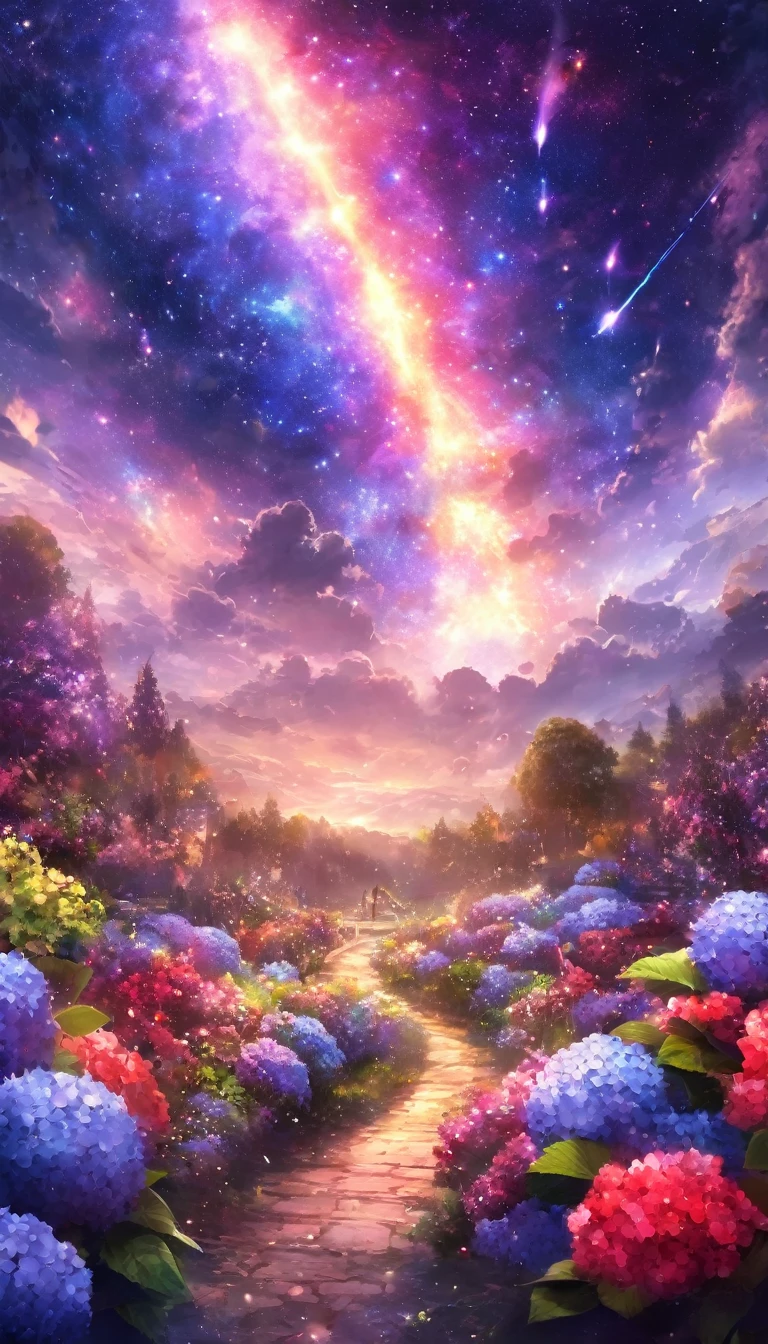 masterpiece, concept art, panorama, in the center, figure, wide shot, flower garden, night, (Meteors), Space galaxy background, (magnificent composition, epic proportions), dynamic lighting, Bright colors, hydrangeas,landscape