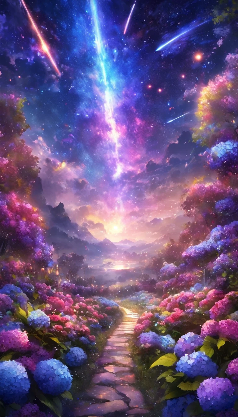 masterpiece, concept art, panorama, in the center, figure, wide shot, flower garden, night, (Meteors), Space galaxy background, (magnificent composition, epic proportions), dynamic lighting, Bright colors, hydrangeas,landscape