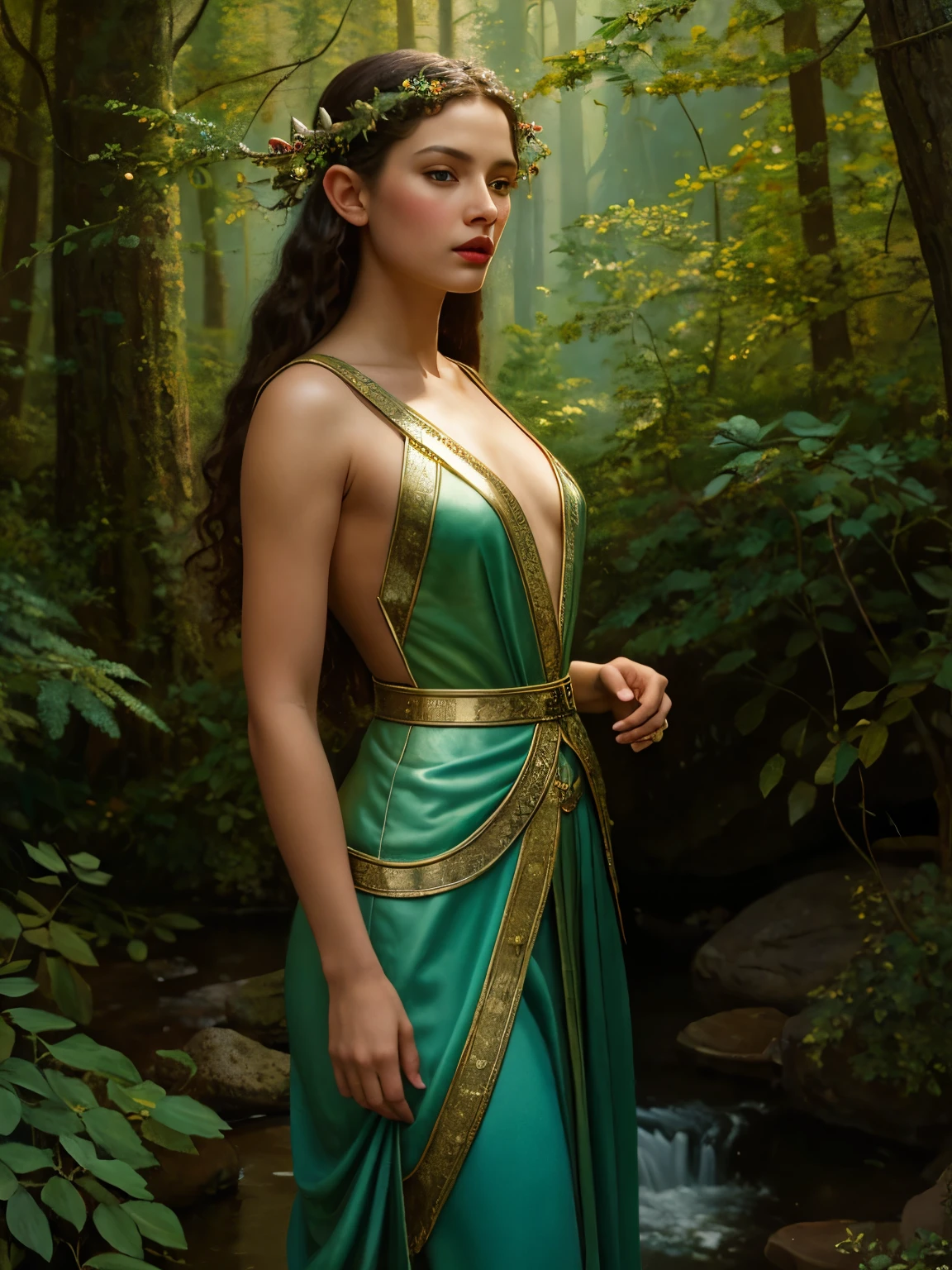 (masterpiece, best quality:1.2), (((oil paint))), 1girl, solo, (masterpiece, ultra quality, high resolution, 8k, intricate: 1.2). female elf, looking at viewer, flowizng cloths and silver amor, the silent forested, mysterious, fantasy art, Donato Giancola, craig mullins, parth, masterful strokes legendary, high detail, masterpiece, detailed face, super detail, high details, high quality, award winning, best quality