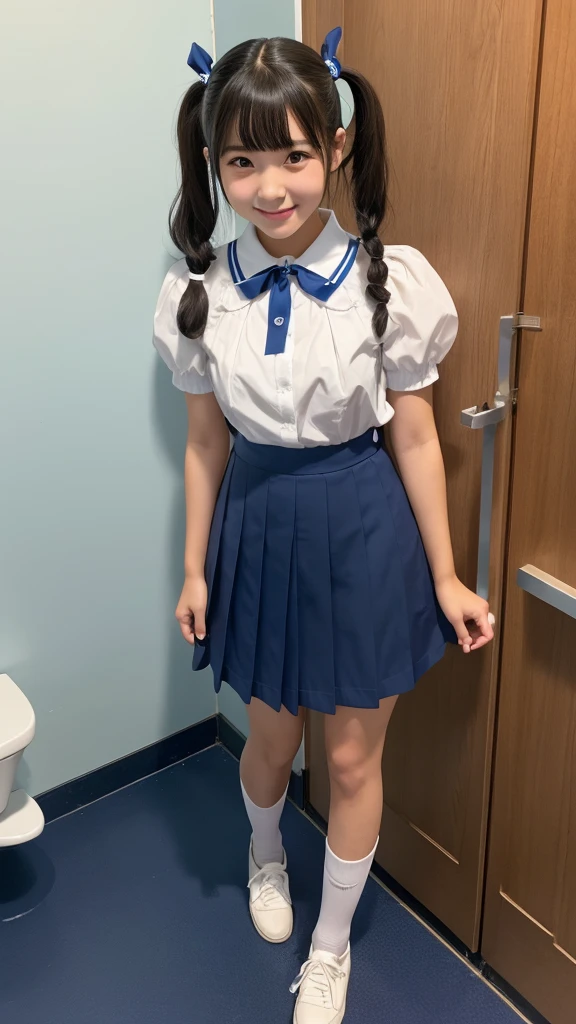Japanese high school girl, brown eyes, smiling face, young face, black hair, pigtails, blue ribbon hair ornament, white short-sleeved blouse, blue ribbon ornament on collar, blue pleated skirt, black socks, blue shoes, school, hallway, standing in front of the toilet 