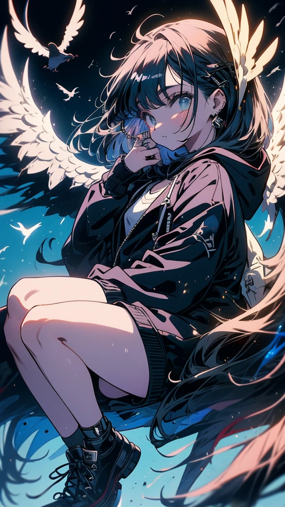 Masterpiece, intricately details,Best quality, 1girll, Solo, Bird, Hood, Sitting, Long hair, shoes, Jacket, blackfootwear, Hood down, animal on shoulder, whaite hair, Animal, blue jacket, Sneakers, sign, Cloud, bangs, Long sleeves, From the side Side, Hoodie, profile, Outdoors, bird on shoulder, sky, jaqueta com capuz
