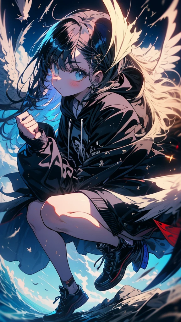 Masterpiece, intricately details,Best quality, 1girll, Solo, Bird, Hood, Sitting, Long hair, shoes, Jacket, blackfootwear, Hood down, animal on shoulder, whaite hair, Animal, blue jacket, Sneakers, sign, Cloud, bangs, Long sleeves, From the side Side, Hoodie, profile, Outdoors, bird on shoulder, sky, jaqueta com capuz
