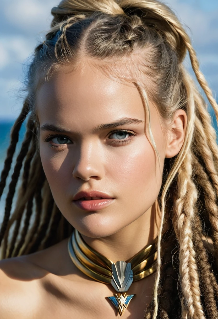 In extreme close-up of a beautiful woman Gabriella Wilde under the mantle of the Amazon warrior, Wonder woman,(((Cabello negro dreadlocks))),(((Hair collected in a ponytail))) portrait of Wonder Woman, fair collectibles, hybrid by Gabriella Wilde, Gabriella Wilde as hell lord, portrait of Gabriella Wilde, Gabriella Wilde as Wonder Woman, Cinematic bust shot, SideShow Images, portrait of Gabriella Wilde, face like Gabriella Wilde, powerful pose,(((dreadlocks)))