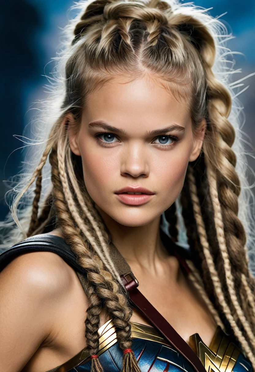 In extreme close-up of a beautiful woman Gabriella Wilde under the mantle of the Amazon warrior, Wonder woman,(((Cabello negro dreadlocks))),(((Hair collected in a ponytail))) portrait of Wonder Woman, fair collectibles, hybrid by Gabriella Wilde, Gabriella Wilde as hell lord, portrait of Gabriella Wilde, Gabriella Wilde as Wonder Woman, Cinematic bust shot, SideShow Images, portrait of Gabriella Wilde, face like Gabriella Wilde, powerful pose,(((dreadlocks)))