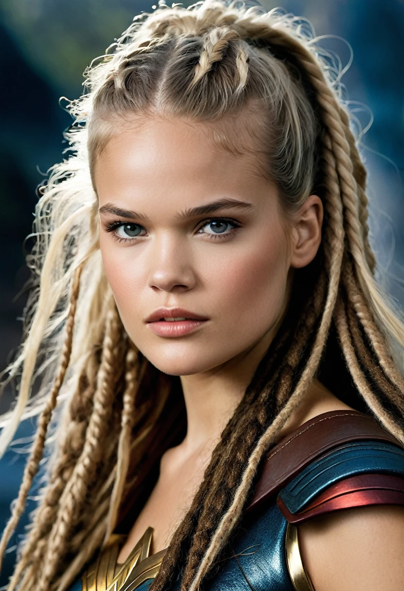 In extreme close-up of a beautiful woman Gabriella Wilde under the mantle of the Amazon warrior, Wonder woman,(((Cabello negro dreadlocks))),(((Hair collected in a ponytail))) portrait of Wonder Woman, fair collectibles, hybrid by Gabriella Wilde, Gabriella Wilde as hell lord, portrait of Gabriella Wilde, Gabriella Wilde as Wonder Woman, Cinematic bust shot, SideShow Images, portrait of Gabriella Wilde, face like Gabriella Wilde, powerful pose,(((dreadlocks)))