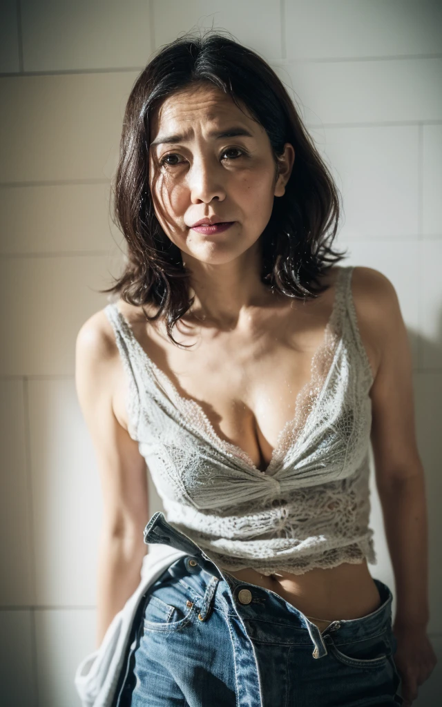 ((Best Quality, 8k, Masterpiece, Portrait: 1.3, Photorealistic)), (from below, looking at viewer), (cowboy shot:1), Sharp Focus, Solo, Japan Milf, Beauty, (joy expression), 35 Years Old, long Hair, Wrinkles:0.3, Emphasized, gorgeous bra, wet bathroom floors,