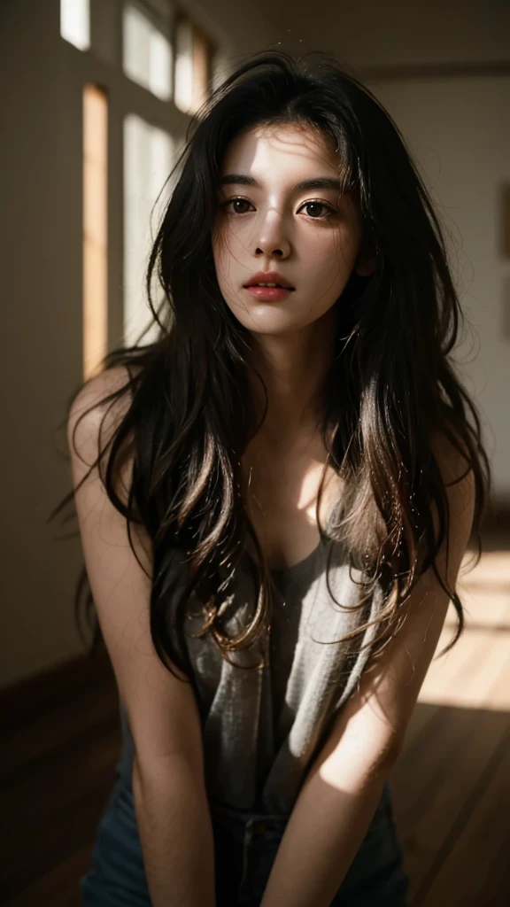 Highest quality, masterpiece, Ultra-high resolution, (Realistically:1.5), RAW Photos, 1 cat, cute, In the light, Deep Shadow, low posture, Cold Light, Sexy Looks, Long Hair、Messy Hair