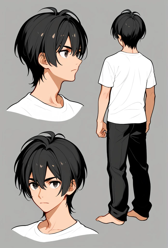 (character sheet:1.2),a 20 years old boy ,black hair, wearing a t-shirt and pant,line art ,,character sheet detailed, T-pose detailed ,anime studio Style, standard quality,3 different angles, highly detailed body parts.,simple background, ela é elfa