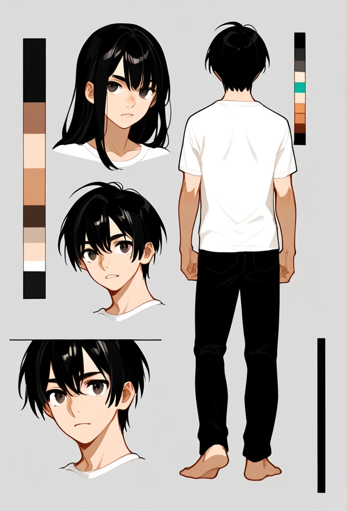 (character sheet:1.2),a 20 years old boy ,black hair, wearing a t-shirt and pant,line art ,,character sheet detailed, T-pose detailed ,anime studio Style, standard quality,3 different angles, highly detailed body parts.,simple background, ela é elfa