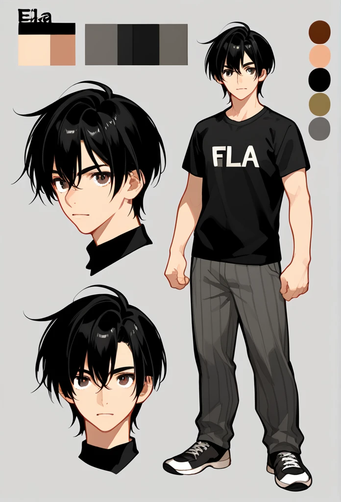 (character sheet:1.2),a 20 years old boy ,black hair, wearing a t-shirt and pant,line art ,,character sheet detailed, T-pose detailed ,anime studio Style, standard quality,3 different angles, highly detailed body parts.,simple background, ela é elfa