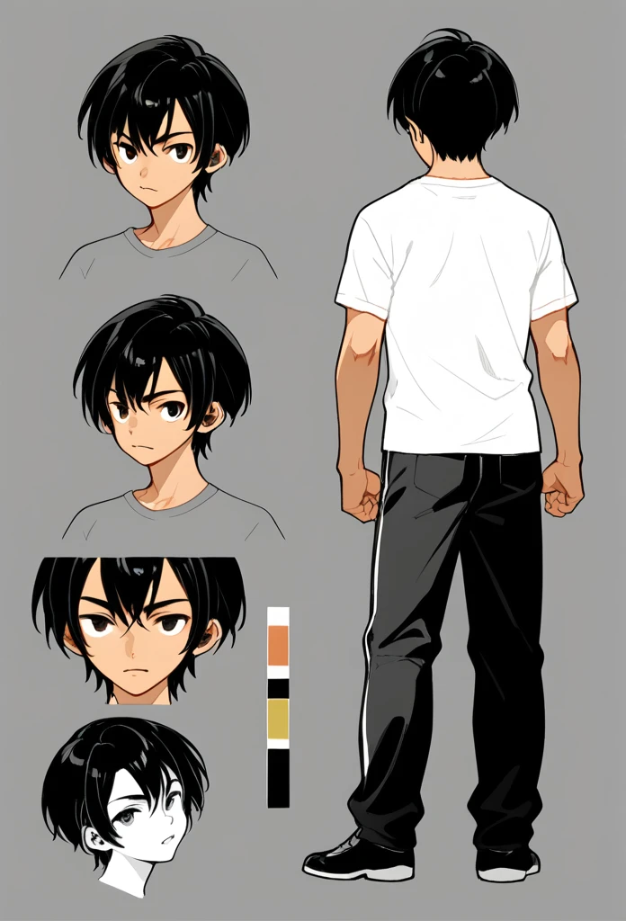 (character sheet:1.2),a 20 years old boy ,black hair, wearing a t-shirt and pant,line art ,,character sheet detailed, T-pose detailed ,anime studio Style, standard quality,3 different angles, highly detailed body parts.,simple background, ela é elfa