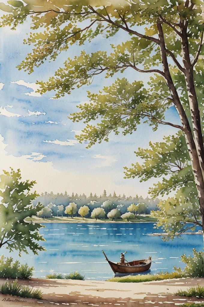 A watercolor painting in the pre-Rafaelite style, comprenant
- une sirène rousse avec des bois de cerf
- un paysage marin avec des arbres s'étendant vers le soleil