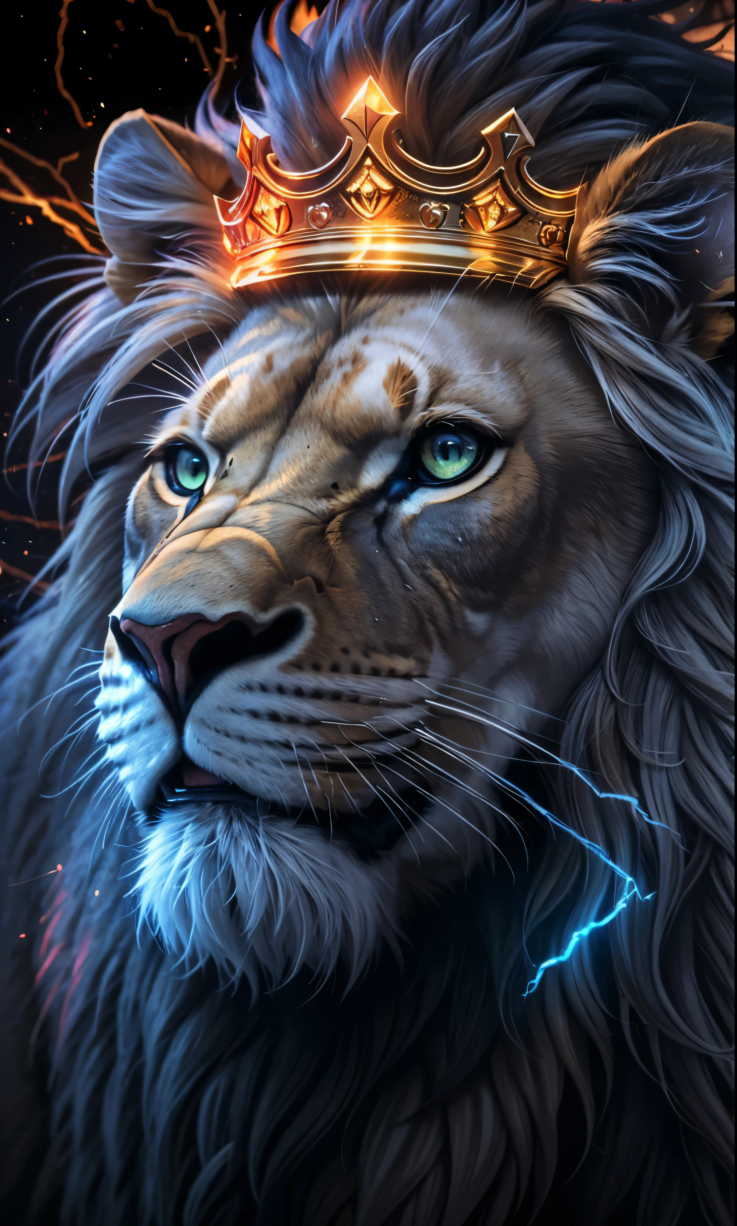 Lion, Divine Lion, naturals, naturals, ferocious, masculine, mighty, golden lion, King crown, King, golden crown, Realistic crown, Powerful Lion, Beautiful nature, Great Realistic Lion, FullHD 8K, Sky ligh, Sunset Night, Ligh Sky Sun, Balck Golden, black andwhite, black and gold, detailed realistic face, 8K Detailed Realistic White Lion, Ultrarealistic 8k |, Energia de thunder realista detalhada, Strong Creature realista detalhada, Strong Creature, Lion macho, Rendering, Fotorrealista 8K, UltraHD Alta definição 8K, Detailed Realistic 16K, Nitidez Fotorrealista 8K, 16K photorealistic textures, Contraste Fotorrealista 8K, Sombras Fotorrealistas 8K, Luzes Fotorrealistas 8K, Detailed realistic sunset, Detailed Realistic Lion Face, Detailed realistic light, detailed textures, thunder, detailed shadows, detailed colors, Celestial Electricity, Golden thunder, Lion realista, Ultra Realistic 16K, Realistic 16K, Realistic 16K sharpness, 16K photorealistic textures, 16K realistic colors, powerful creature, Majestic power, Power of Heaven, Great Divine, detailed contrast, realistic contrast, high resolution, detailed colors, fire, villany, divine creature, 8K, realistic detailed, 16K, 8K, High definition, detailed contrast, realistic contrast, high resolution, detailed colors, fire, villany, divine creature, realistic detailed, posh, chic