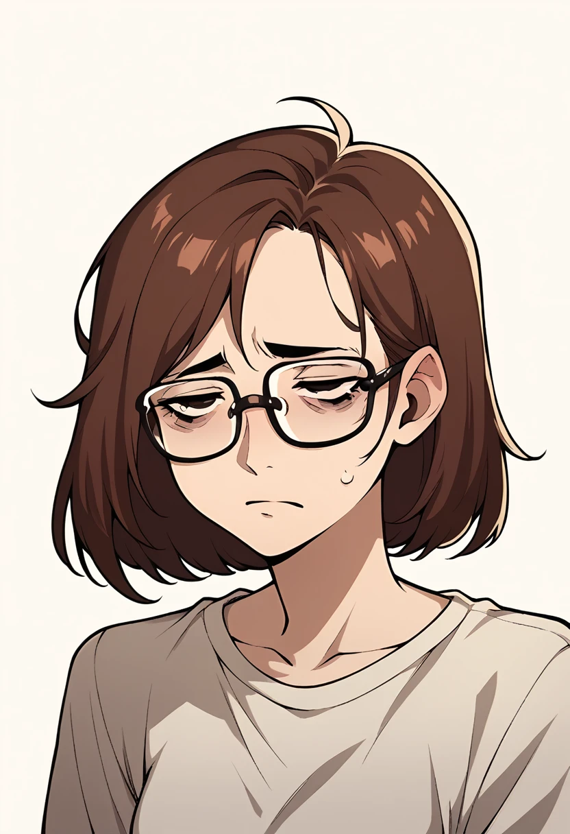 woman middle-age, tired expression, glasses, brown hair