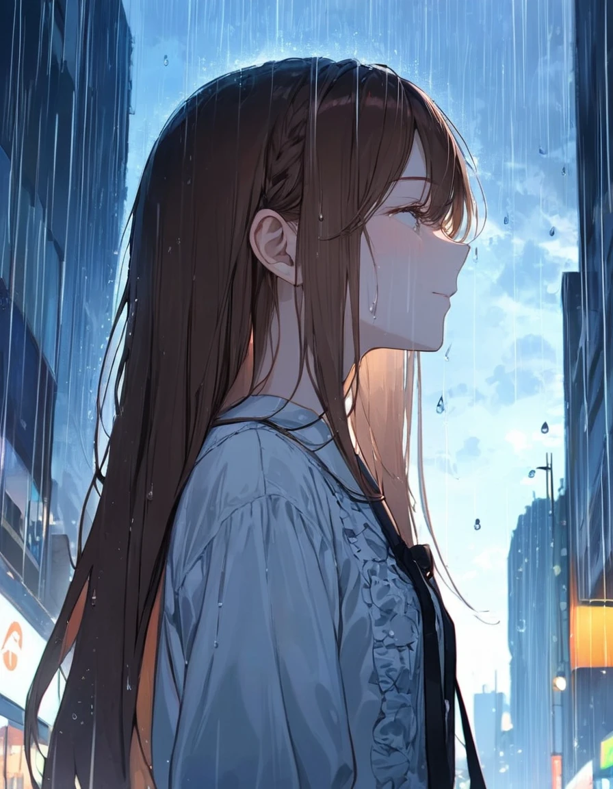 One Girl, profile, Look to the side, Written boundary depth, Long Hair, French Braid, Straight hair, Portraiture, Modern city, blouse, Brown Hair, look up, rain, raindrop, Lens flare, rainの暗い夜空、eyeliner, eye shadow, masterpiece, Highest quality、((close your eyes)),Let the tears flow,Distance at which the upper body can be seen