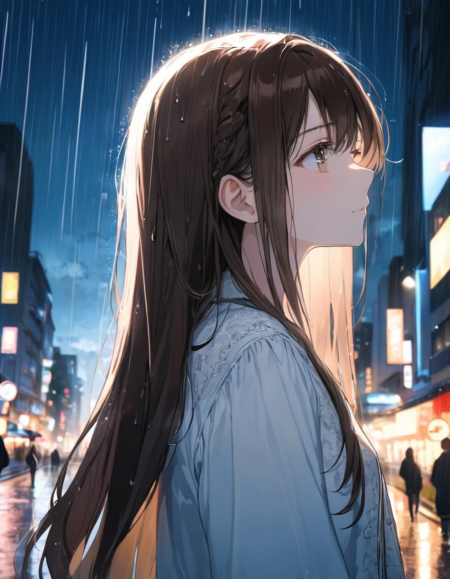 One Girl, profile, Look to the side, Written boundary depth, Long Hair, French Braid, Straight hair, Portraiture, Modern city, blouse, Brown Hair, look up, rain, raindrop, Lens flare, rainの暗い夜空、eyeliner, eye shadow, masterpiece, Highest quality、((close your eyes)),Let the tears flow,Distance at which the upper body can be seen