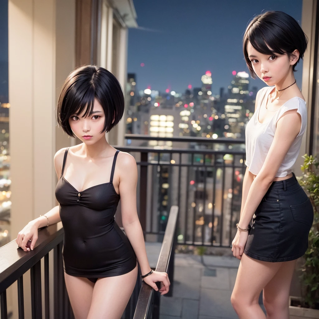 Girl with medium short black hair. At night on a balcony while smoking