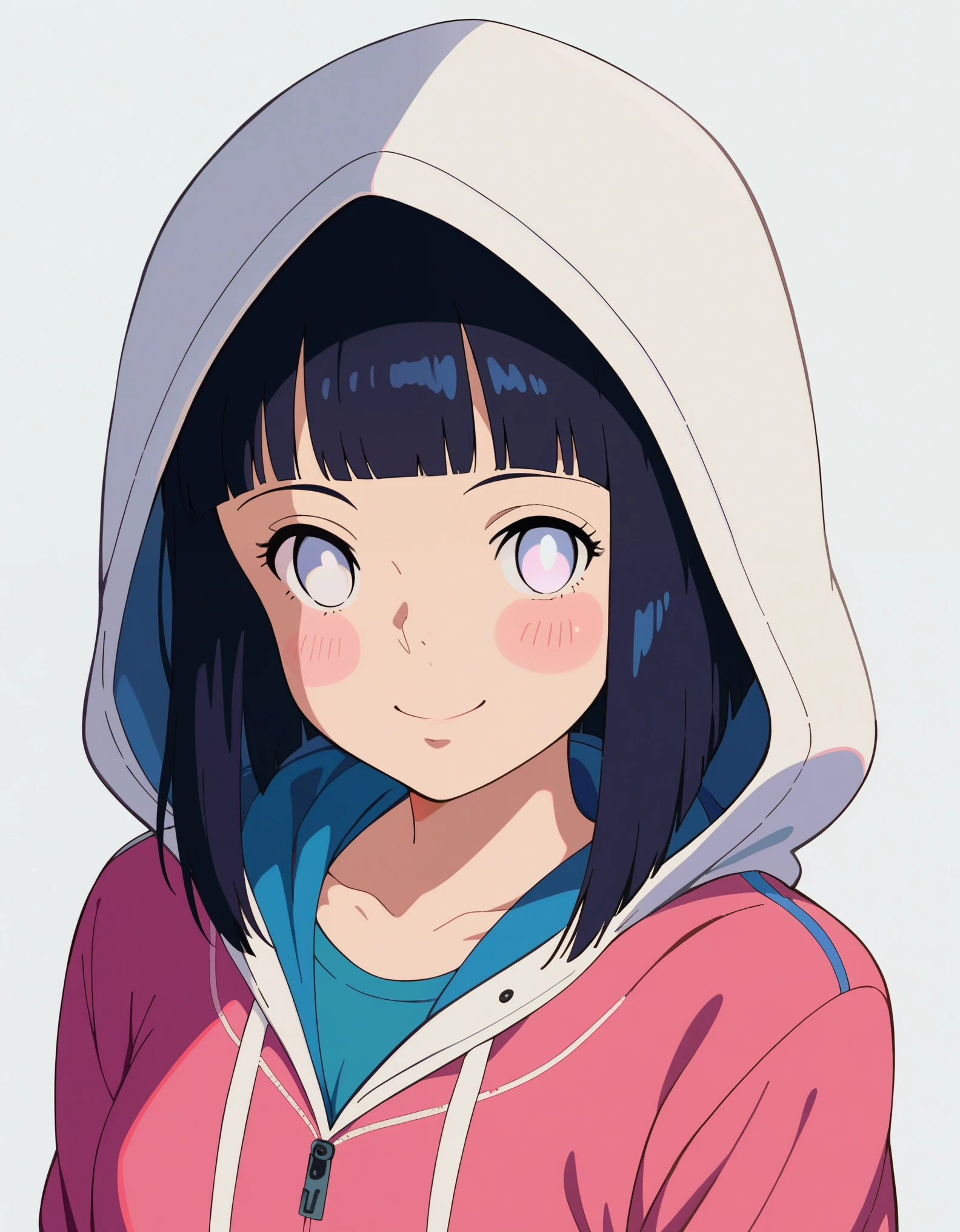 StudioGhibli, score_9, score_8_up, score_7_up, score_6_up, 1girl, hyuuga hinata, short hair, black hair, no pupils, blunt bangs, shiny hair, white eyes, hoodie, hood down, long sleeves, capri pants, hands behind back, blush, smile, upper body, looking at viewer, solo, simple background, white background