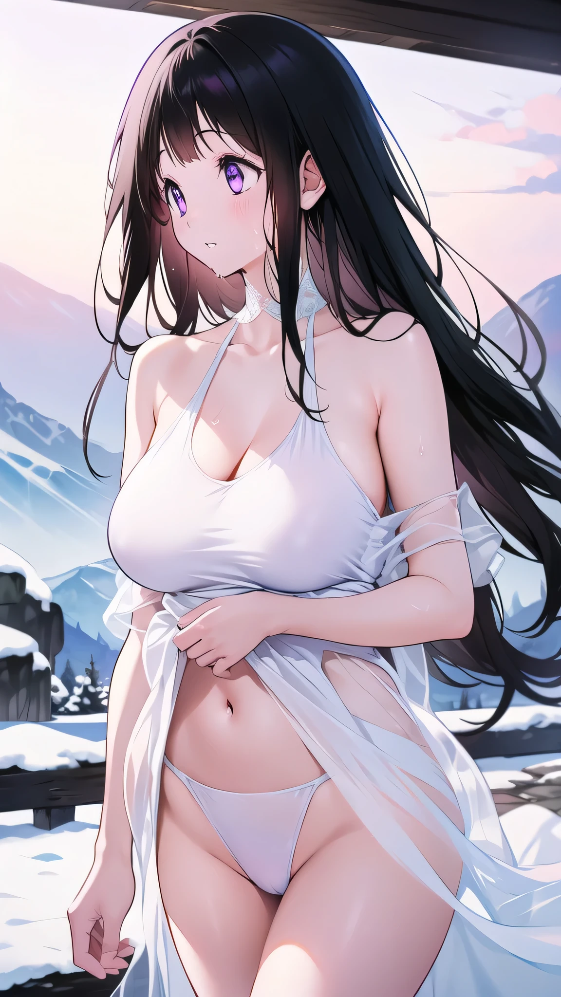 Chitanda,There is only one beautiful girl,Purple Eyes, Black Hair, Natural straight hair, Straight bangs,Extremely refined,open your lips,Face is so red,Very white skin,Skin as delicate as porcelain,Glowing skin,big eyes,Flowing long hair,beautiful girl, Like a dream,Slim,Slim waist,soft, (sensuous), (Kawaii), Dream quality,Sweaty and sweaty,Wet skin,Side breasts,it is raining,Walking in the snowy mountains,White transparent dress,Profile,(Completely naked),Gluteal groove,The outline of the breasts is visible through clothing,Completely naked back,nacked hip,very close,Deep V neckline,Loose neckline,Beautiful big breasts,No pants,nopan,no pants,Bare shoulders,There are no shoulder straps,Exposed collarbone,Delicate clavicle,Delicate hands and feet,Bare neck,There are no clothes around the neck,Bare thighs,Exposed groin,Camel toe,extremely shy,Ultra-high resolution, (masterpiece:1.2, best quality), (Delicate and beautiful eyes: 1.2), (Beautiful and delicate face)