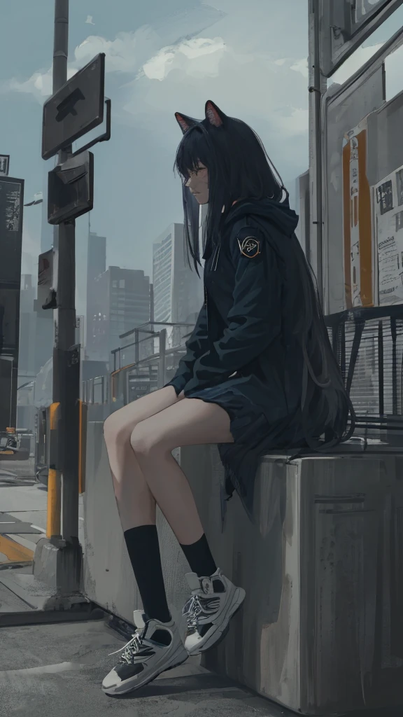 ((Yoru)), sitting,was, annoyed,clothes and school, bright Eyes, circular pupils,dark background, dark environment, Dark style, dark outline, fondo bright Eyes, atmosphere horror horror,dark art,Long Hair, Masterpiece, intricately details,Best quality, 1girll, Solo, Bird, Hood, Sitting, Long hair, shoes, Jacket, blackfootwear, Hood down, animal on shoulder, whaite hair, Animal, blue jacket, Sneakers, sign, Cloud, bangs, Long sleeves, From the side Side, Hoodie, profile, Outdoors, bird on shoulder, sky, jaqueta com capuz