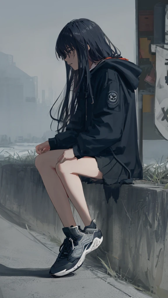 ((Yoru)), sitting,was, annoyed,clothes and school, bright Eyes, circular pupils,dark background, dark environment, Dark style, dark outline, fondo bright Eyes, atmosphere horror horror,dark art,Long Hair, Masterpiece, intricately details,Best quality, 1girll, Solo, Bird, Hood, Sitting, Long hair, shoes, Jacket, blackfootwear, Hood down, animal on shoulder, whaite hair, Animal, blue jacket, Sneakers, sign, Cloud, bangs, Long sleeves, From the side Side, Hoodie, profile, Outdoors, bird on shoulder, sky, jaqueta com capuz