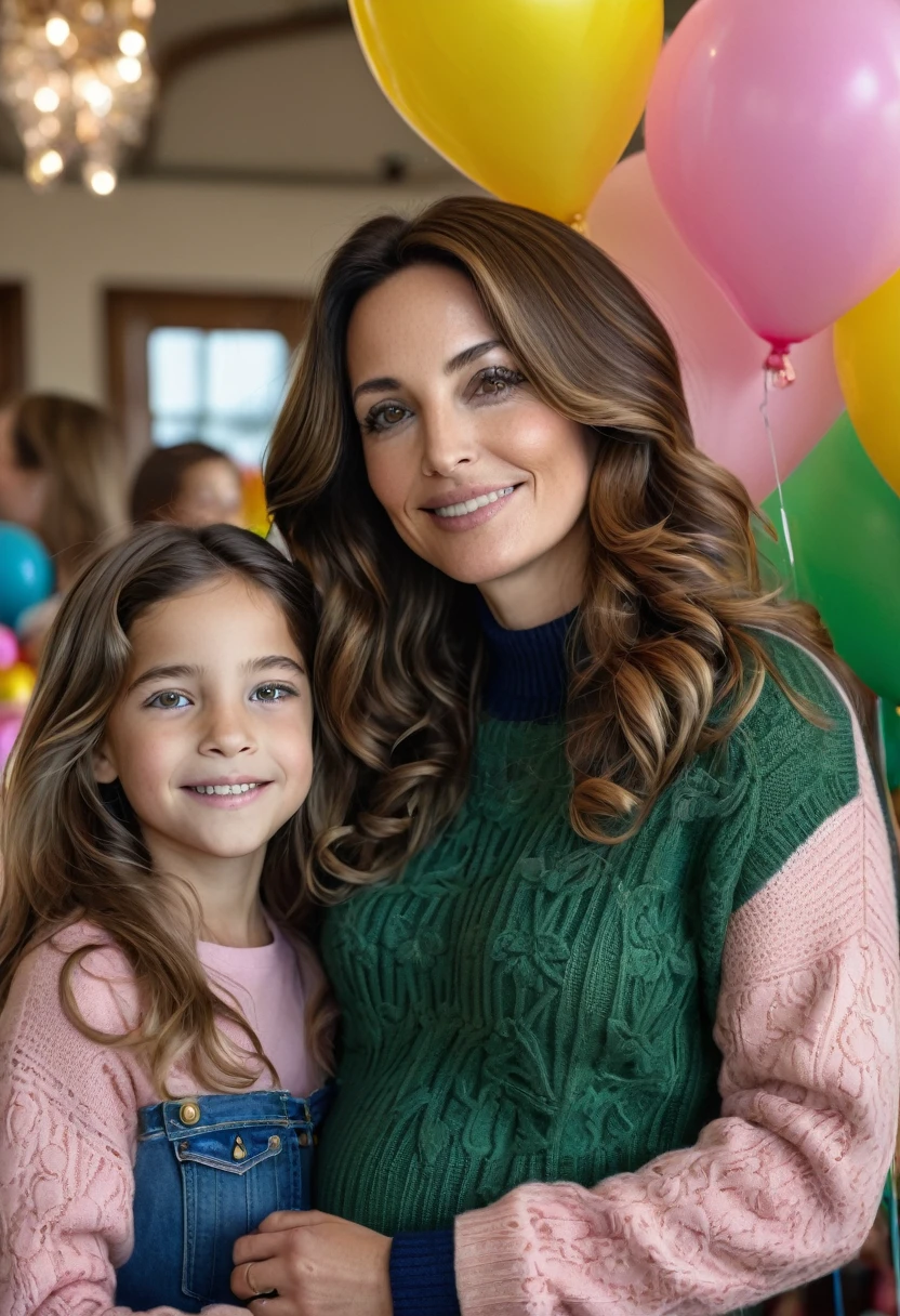 A warm photograph between a 45-year-old brunette woman with medium-sized, sagging breasts, an hourglass body, and beautiful wavy brown hair with her -yeld dater. Her mother is not smiling, she is wearing a luxury dark green Louis Vuitton sweater and navy blue jeans, she is standing next to her daughter who is smiling and wearing a pink Gucci sweater with flowers printed on it. Her almond eyes shine with joy as they look at each other.
The background is a children's party, full of colorful balloons and clowns
