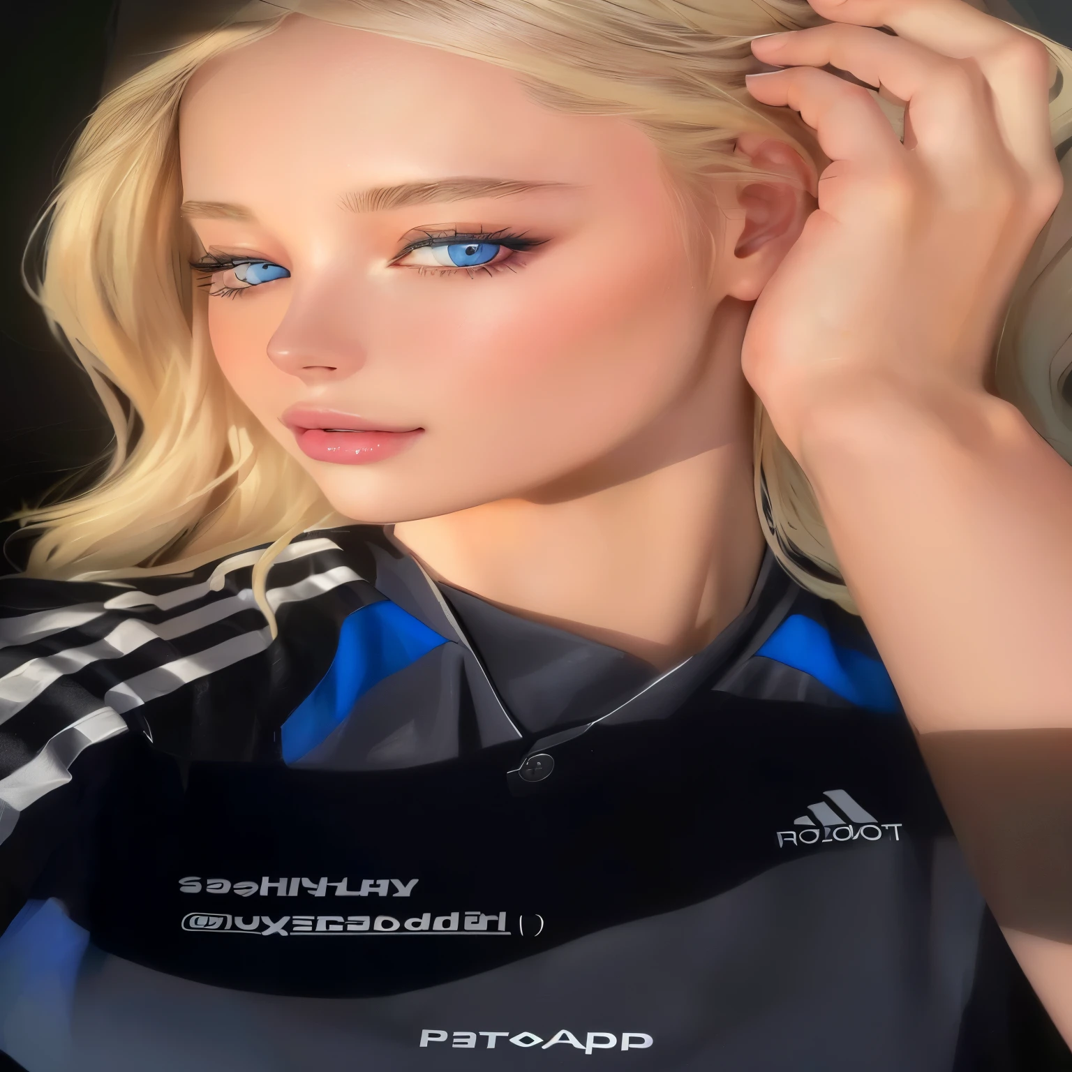 Blonde woman with blue eyes and a black and white shirt brushing her hair., Portrait Sophie Mudd, Perfect face ), 🤤 girl portrait, portrait photo profile photo, profile headshot, portrait of kim petras, blonde hair and blue eyes, Dasha Taran, leaked image, face like being exposed, Sidney Sweeney, Irina Nordsol Kuzmina