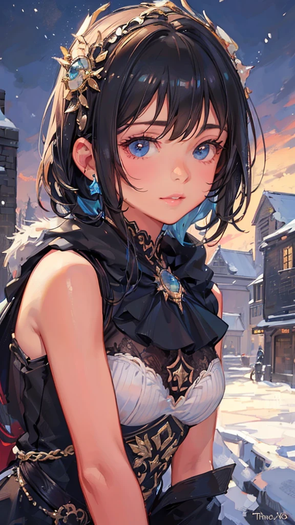 1 character, Woman, tanned skin, brown eyes, short messy hair, black and brown hair, small, big tits, big thighs, a little fat, winter creature, winter, cold (best quality, 4k, 8k, high resolution, masterpiece: 1.2), ultra detailed, (realistic, photo-realistic, photo-realistic: 1.37), highly detailed portrait, beautiful detailed eyes, beautiful detailed lips, extremely detailed eyes and face, long eyelashes, intricate details, fantasy, realism magical, vibrant colors, bright lights, adorable, cute, tender