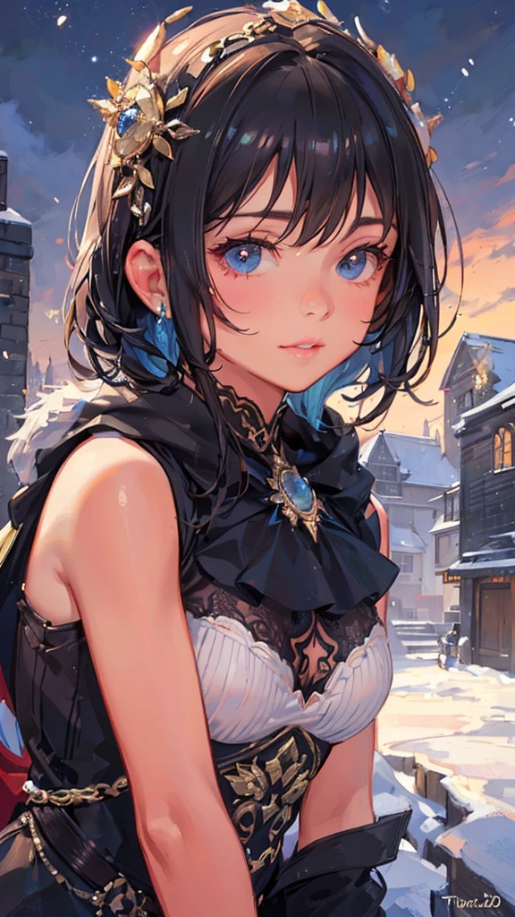 1 character, Woman, tanned skin, brown eyes, short messy hair, black and brown hair, small, big tits, big thighs, a little fat, winter creature, winter, cold (best quality, 4k, 8k, high resolution, masterpiece: 1.2), ultra detailed, (realistic, photo-realistic, photo-realistic: 1.37), highly detailed portrait, beautiful detailed eyes, beautiful detailed lips, extremely detailed eyes and face, long eyelashes, intricate details, fantasy, realism magical, vibrant colors, bright lights, adorable, cute, tender