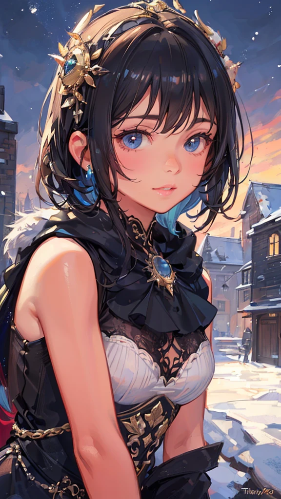 1 character, Woman, tanned skin, brown eyes, short messy hair, black and brown hair, small, big tits, big thighs, a little fat, winter creature, winter, cold (best quality, 4k, 8k, high resolution, masterpiece: 1.2), ultra detailed, (realistic, photo-realistic, photo-realistic: 1.37), highly detailed portrait, beautiful detailed eyes, beautiful detailed lips, extremely detailed eyes and face, long eyelashes, intricate details, fantasy, realism magical, vibrant colors, bright lights, adorable, cute, tender