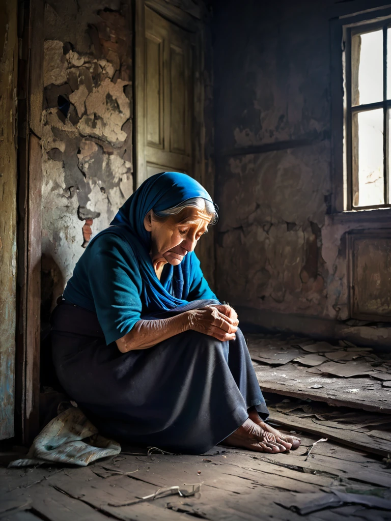 A poor old mother is in sorrow in a dilapidated house