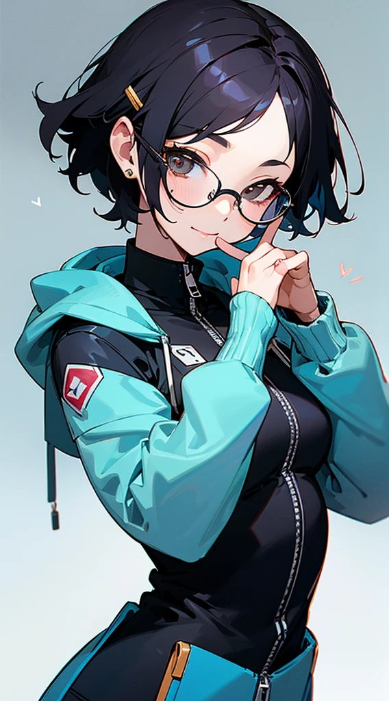 Top Quality, 8K, 4K, High Definition, Detail, (better-quality, 8K, 12), top-quality, 1 girl、only showing her face, she has Black hair, wearing a pin on her right side of her hair, she has her hands together, she looking at you, she is smiling at you, medium breast, her jacket color dark blue and light blue with a black zipper, brown eyes, showing her face and chesat, short hair long as her neck, (only showing half of her body) her jacket is loose. she is wearing earing only right ear shaped has a heart, she has her hand up making a pose, get closer to see up close of her face, she making a pose, she making pose her finger, she is wearing glasses, Japanese face,