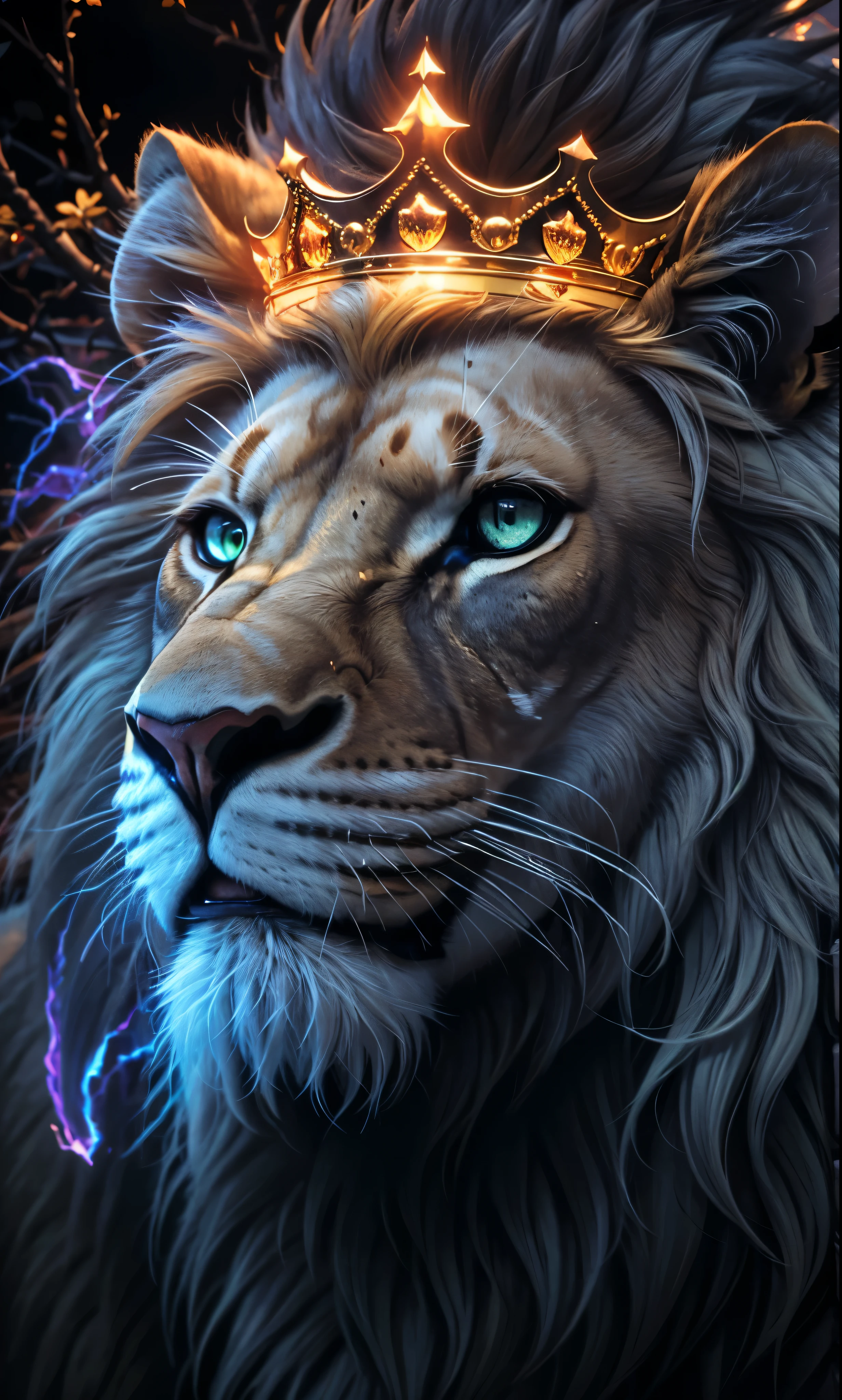 Lion, Divine Lion, naturals, naturals, ferocious, masculine, mighty, golden lion, King crown, King, golden crown, Realistic crown, Powerful Lion, Beautiful nature, Great Realistic Lion, FullHD 8K, Sky ligh, Sunset Night, Ligh Sky Sun, Balck Golden, black andwhite, black and gold, detailed realistic face, 8K Detailed Realistic White Lion, Ultrarealistic 8k |, Energia de thunder realista detalhada, Strong Creature realista detalhada, Strong Creature, Lion macho, Rendering, Fotorrealista 8K, UltraHD Alta definição 8K, Detailed Realistic 16K, Nitidez Fotorrealista 8K, 16K photorealistic textures, Contraste Fotorrealista 8K, Sombras Fotorrealistas 8K, Luzes Fotorrealistas 8K, Detailed realistic sunset, Detailed Realistic Lion Face, Detailed realistic light, detailed textures, thunder, detailed shadows, detailed colors, Celestial Electricity, Golden thunder, Lion realista, Ultra Realistic 16K, Realistic 16K, Realistic 16K sharpness, 16K photorealistic textures, 16K realistic colors, powerful creature, Majestic power, Power of Heaven, Great Divine, detailed contrast, realistic contrast, high resolution, detailed colors, fire, villany, divine creature, 8K, realistic detailed, 16K, 8K, High definition, detailed contrast, realistic contrast, high resolution, detailed colors, fire, villany, divine creature, realistic detailed, posh, chic