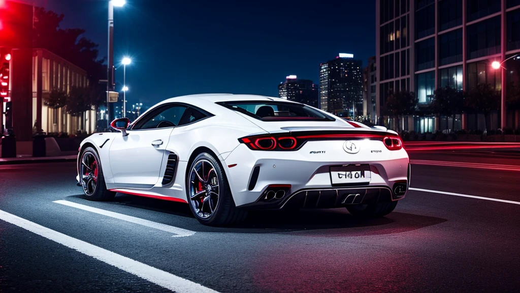 Luxurious sports car, white car, red car, blue car, middle of the street with high beams on 