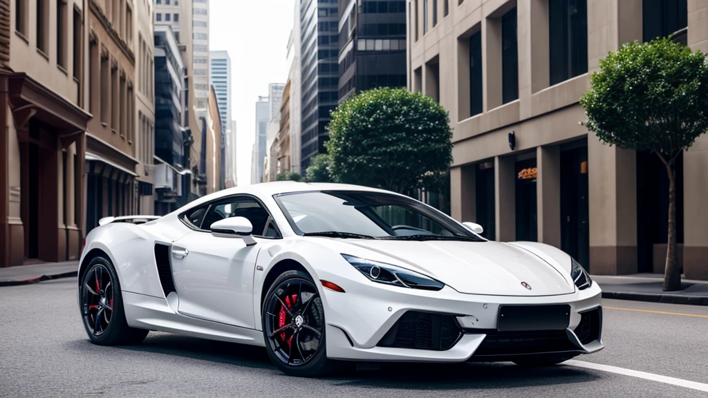 Luxurious sports car, white car, red car, blue car, middle of the street with high beams on