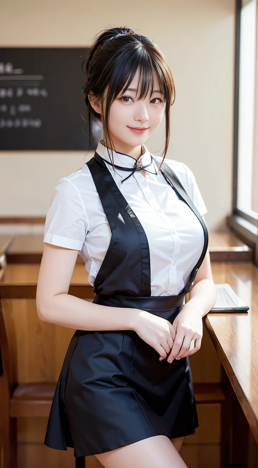 (Highest quality,masterpiece:1.3,Ultra-high resolution,),(Very detailed,Caustics),(Realistic:1.4,RAW shooting,)Ultra-Realistic Capture,Very detailed,High resolution 16k human skin closeup。 Natural skin texture、,pores、、、、It must be detailed enough to be easily identifiable。 Skin tone is even and healthy looking。 Use natural light and color,restaurant,Waitress Uniform,1 girl,Japanese,18-year-old,cute,Black-haired,ponytail,Big Breasts,smile,Turn your body forward,(Front view:1.1),Looking into the camera,Cowboy Shot,